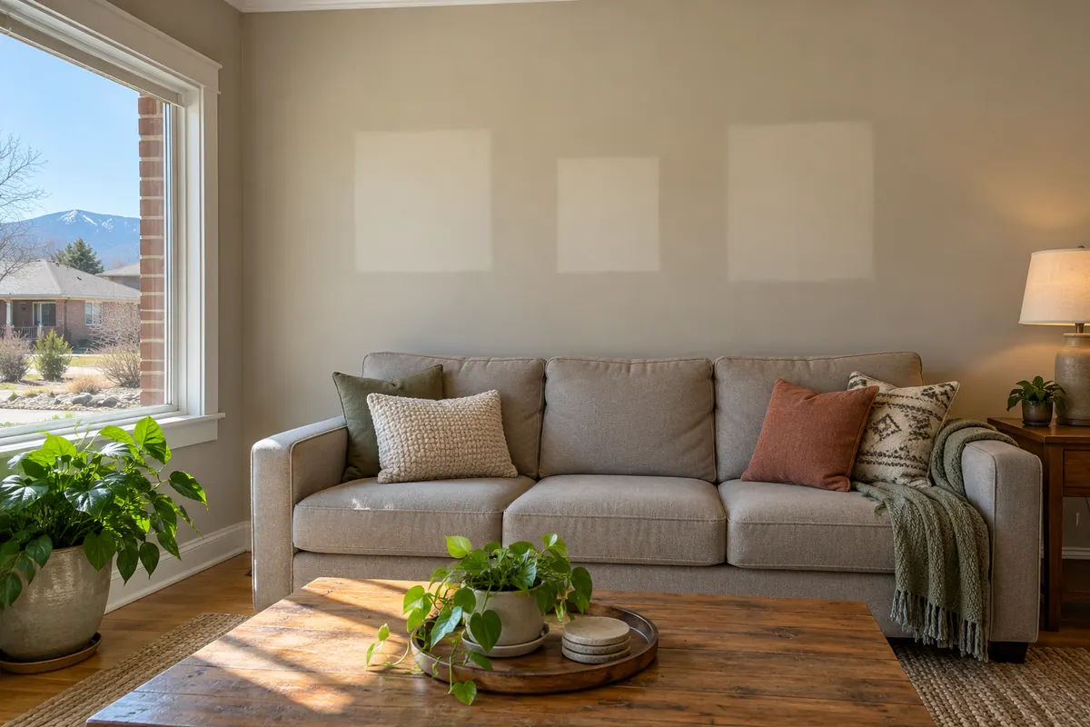 A living room wall with marks where pictures hung
