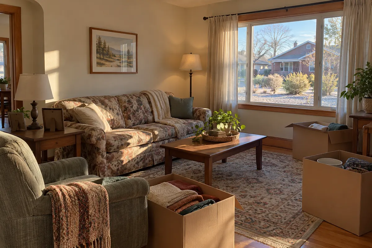 Living room of an older family home with a few packed boxes