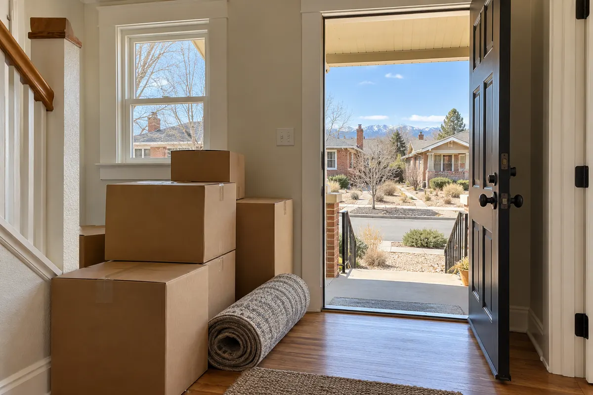 Moving boxes stacked by the front door of a house